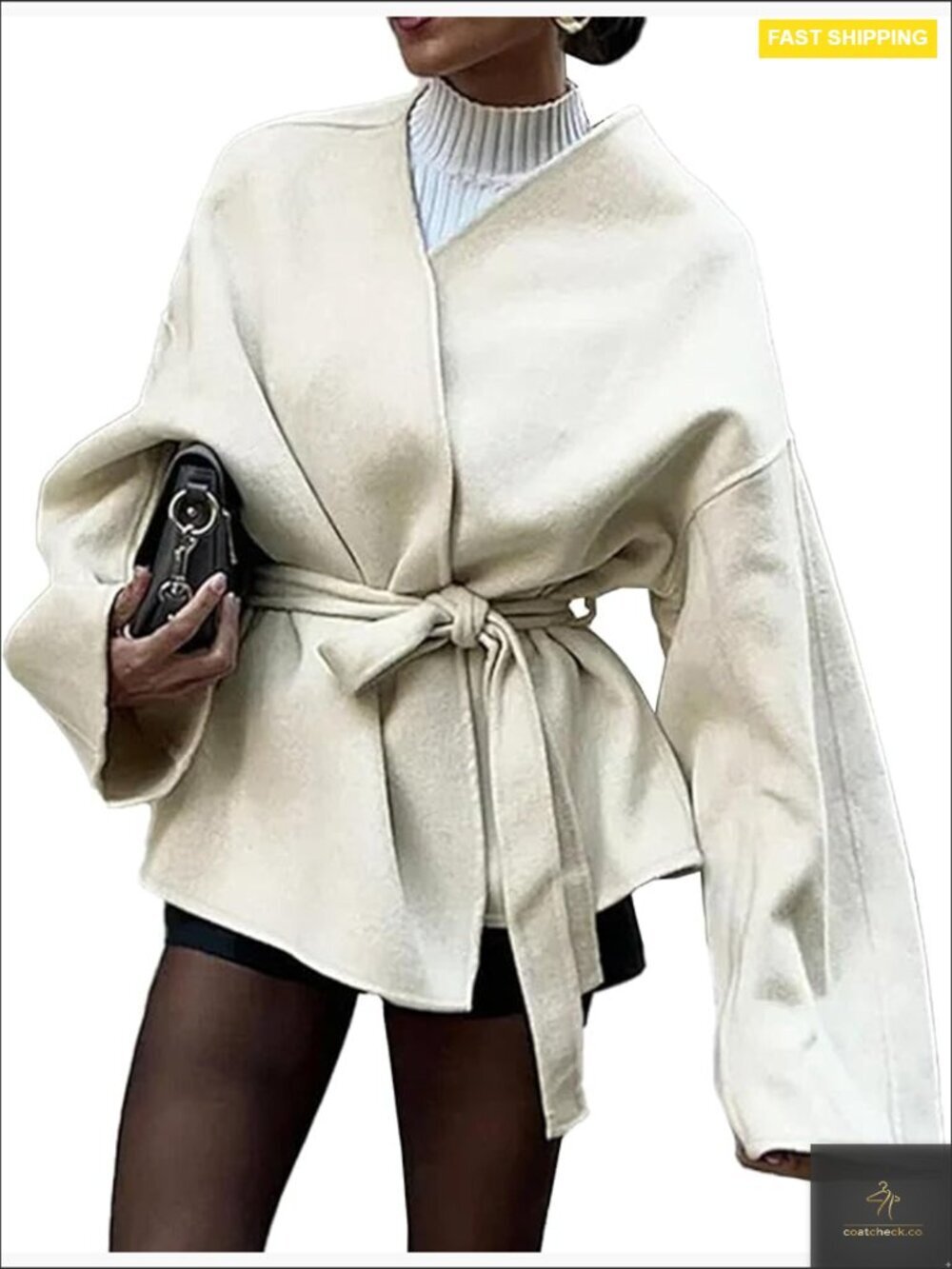 Cropped Wool Blend Trench Coat Belted Wrap V Neck Elegant Chic Winter